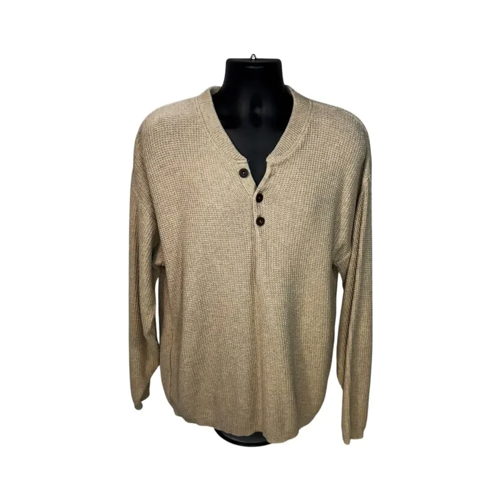 Woolrich Henley Sweater Men's L Oatmeal Beige Waffle Knit Thermal Cotton Cozy